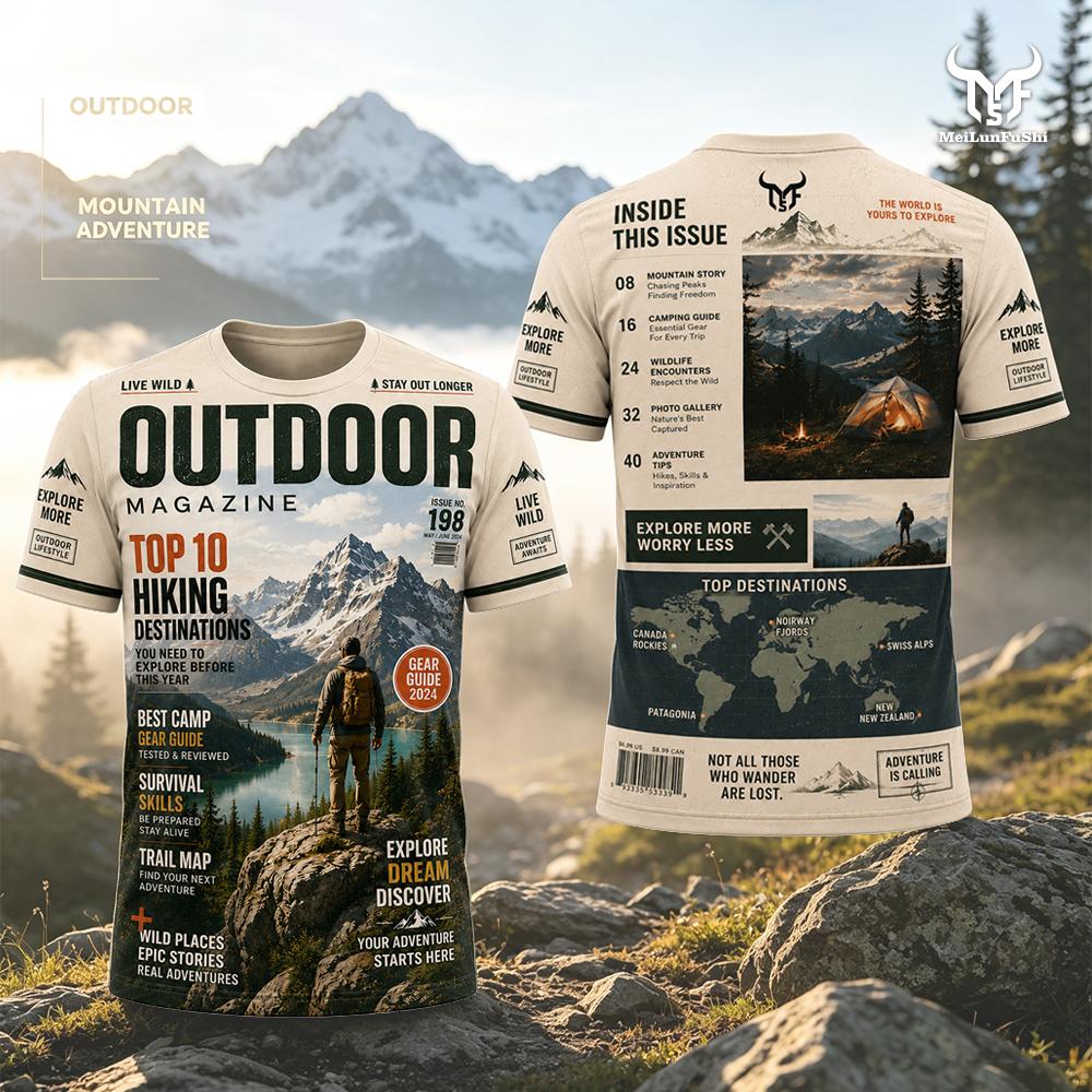 Outdoor Adventure Magazines - Magazine Style Adventure Print T-Shirt Outdoor